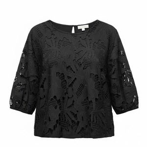 Eri + Ali Anthropologie Black Floral Guipure Lace Puff Sleeve Blouse XS NWT